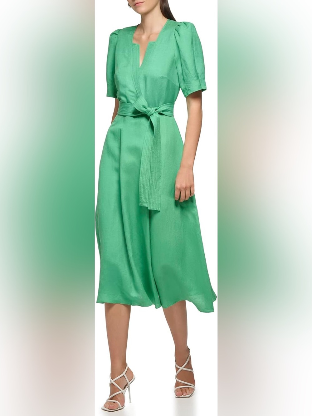 Kelly Green Linen Dress Sz 6 Midi Pockets Waist Tie Karl Lagerfeld